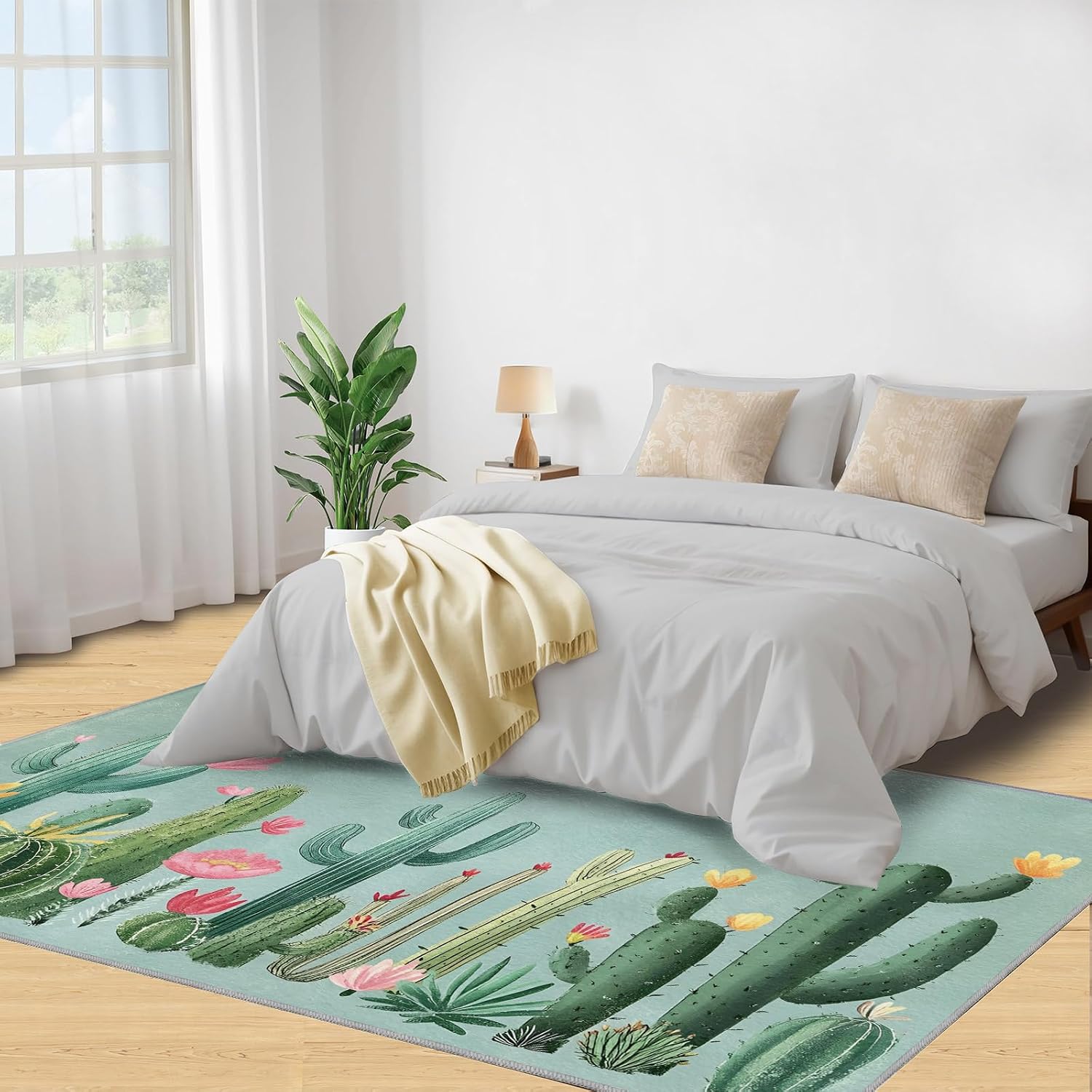 Cactus Rugs for Bedroom, Desert Plants Rug 6x8, Abstract Botanical Dining Room Rugs Washable & Non Slip Large Carpet for Home Decor