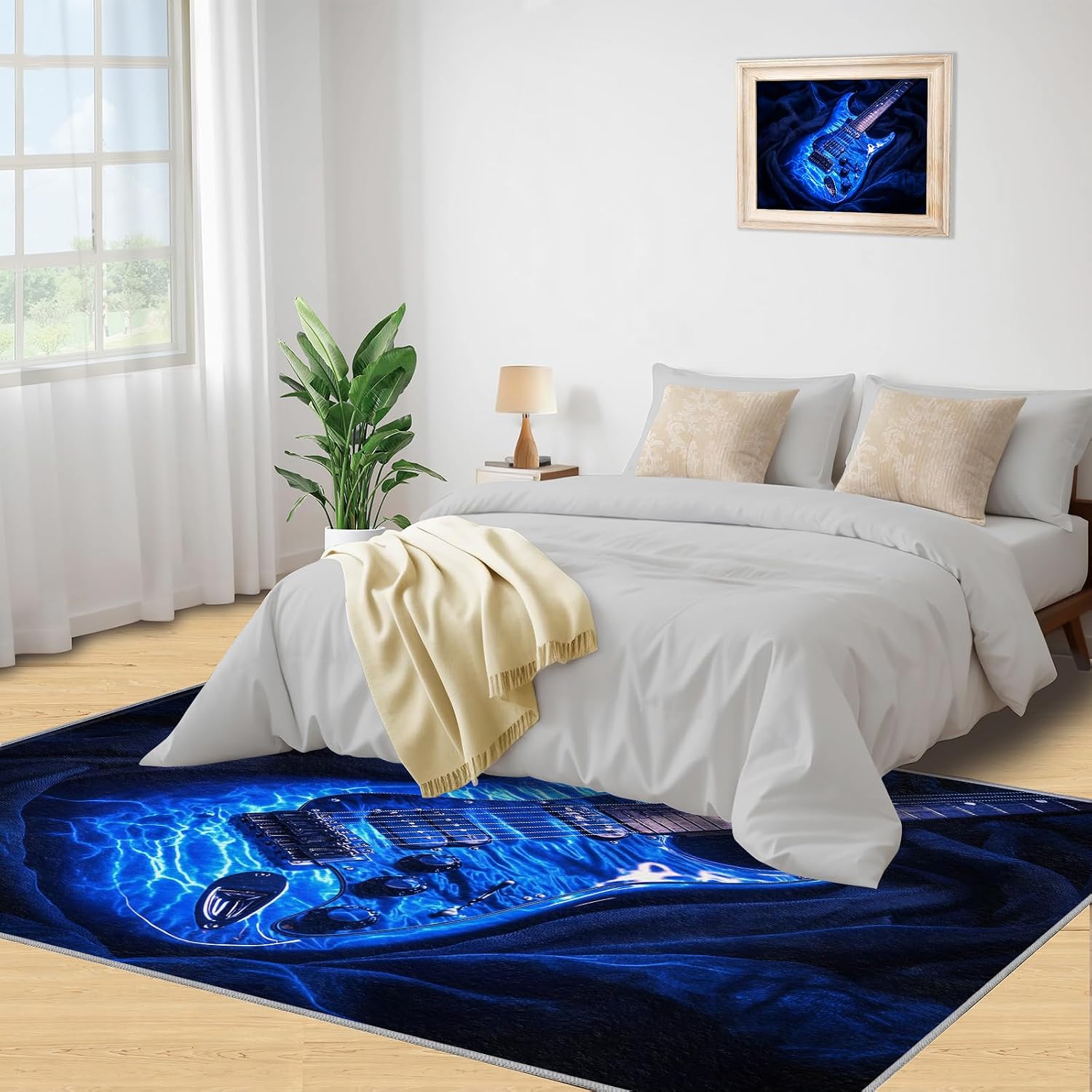 Guitar Rugs for Music Room - Boys Musical Rug, 6x8 Rug, Music Washable Rugs for Living Room Bedroom, Blue Area Rug, Rock and Roll Carpet - Home Decor, Electric Guitars Gifts for Men