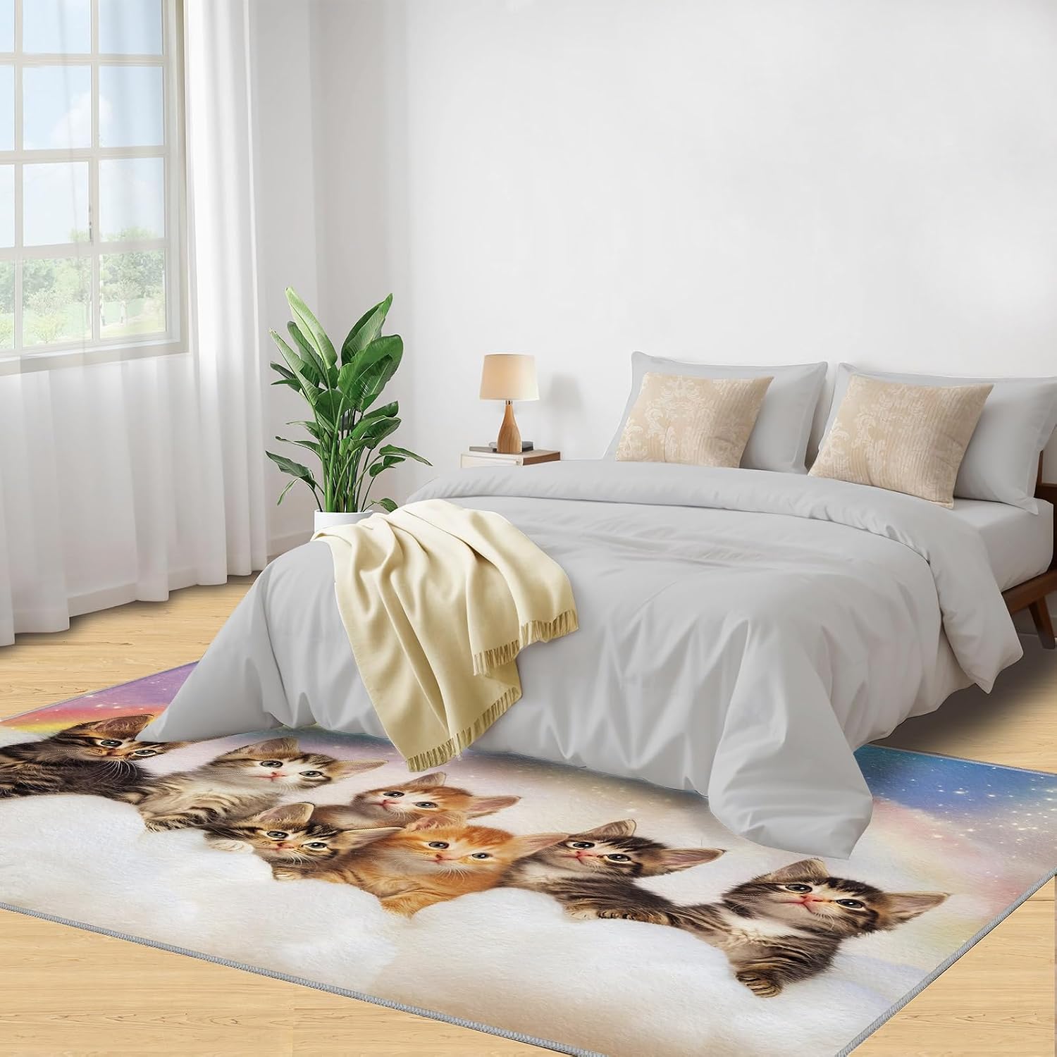 Cat Rugs for Bedroom - 6x8 Rug, Rainbow Area Rugs for Living Room, Fantasy Cloud Carpet, Animal Washable Mat, Cat Home Decor & Gifts