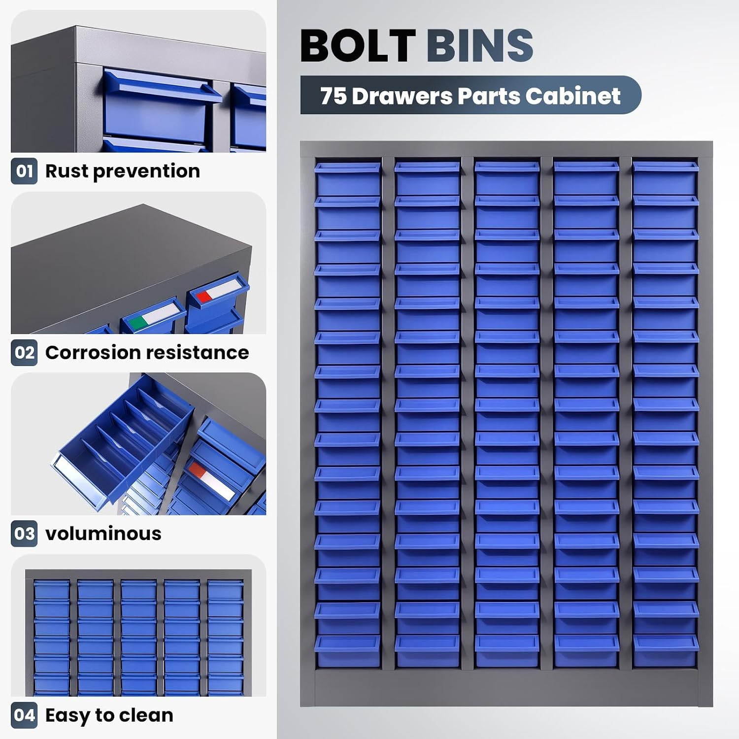75 Drawers Parts Cabinet, (25.8'×8.66'×35.4') Nut and Bolt Organizer with Adjustable Dividers, Cold-Rolled Steel Frame & ABS Drawers, Label Slots, Tool Cabinet for Workshop, Garage, Office