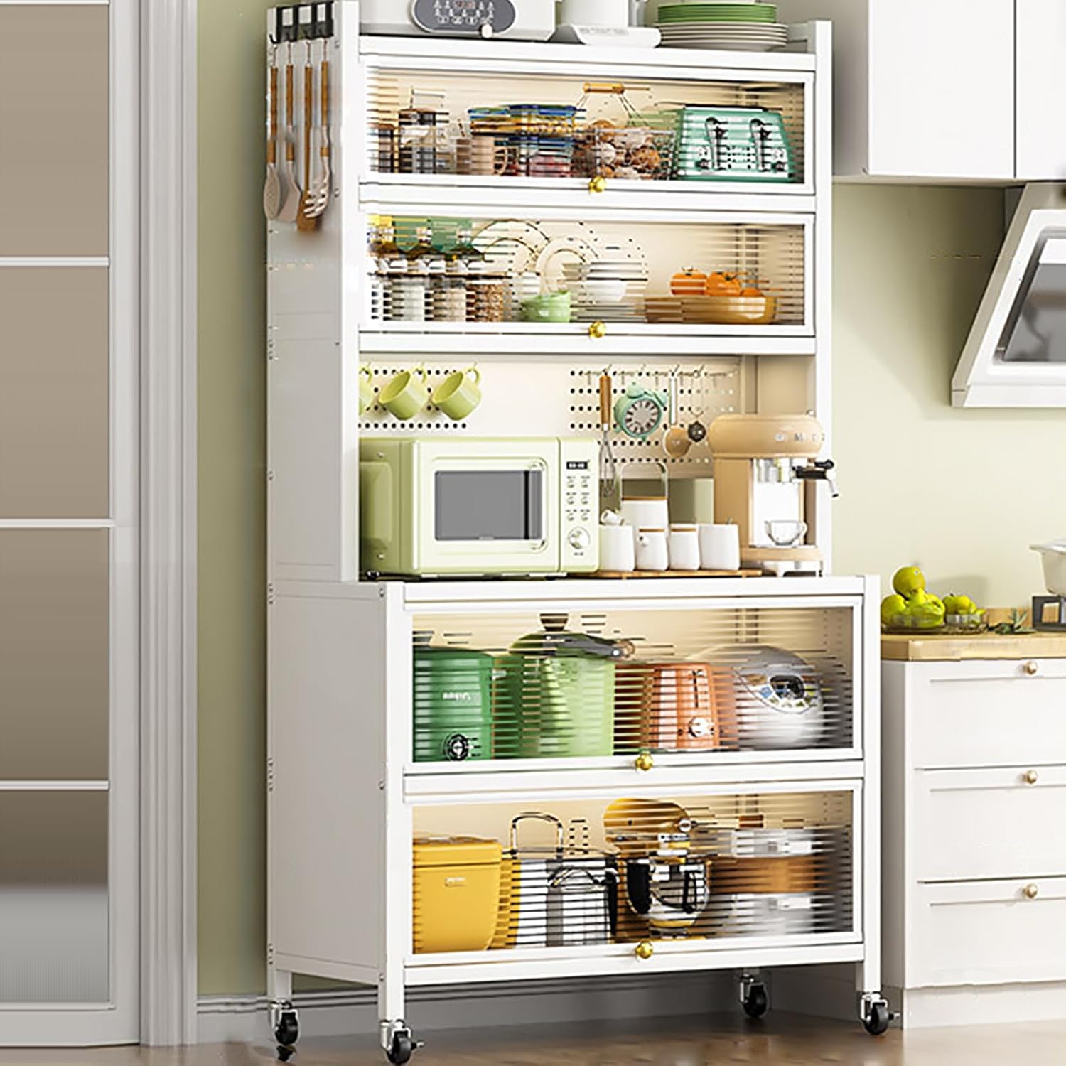 6-Tier Kitchen Standing Storage Cabinet, Kitchen Bakers Rack with Storage Cabinet, Microwave Stand with Pegboard Accessories, Heavy Duty Metal Kitchen Rack for Kitchen Dining Room,White,L 80cm/