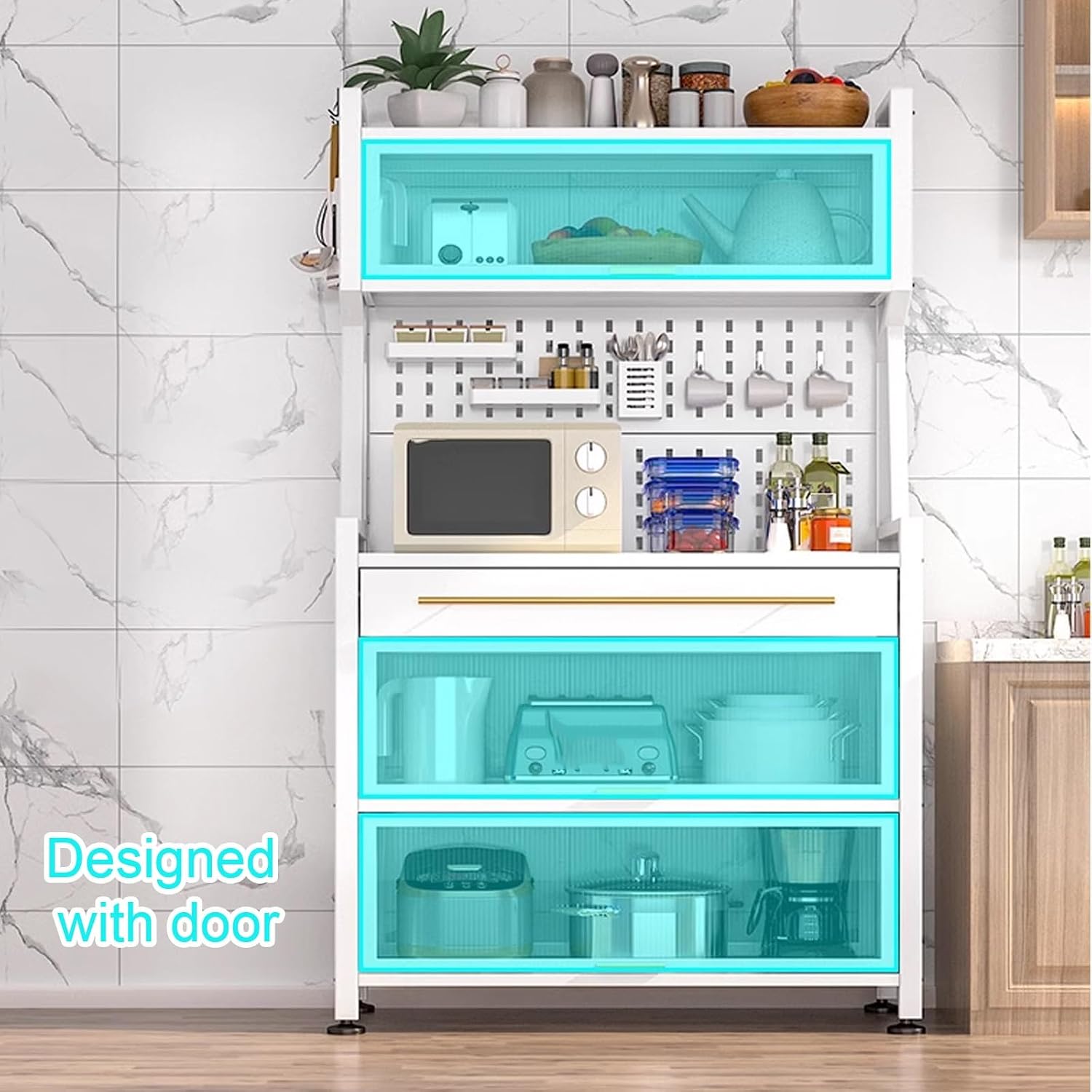 Microwave Stand with Storage, Kitchen Coffee Bar, Bakers Rack with Storage Cabinet, with Drawers, Hooks * 8, Foot Pads * 4(White,80cm)