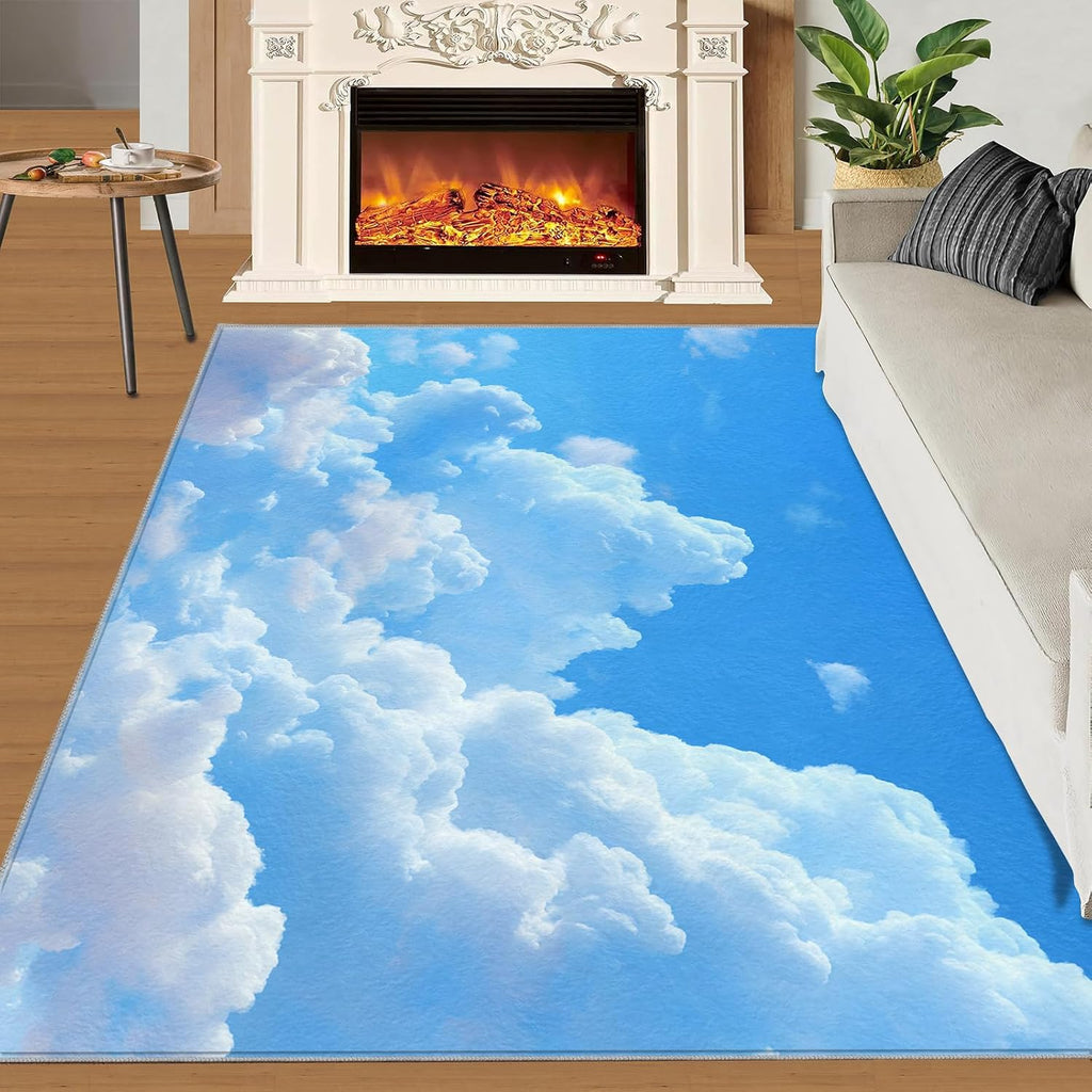 Blue Sky Rugs for Bedroom, White Clouds Rug 6x8, Natural Scenery Dining Room Rugs Washable & Non Slip Large Carpet for Home Decor