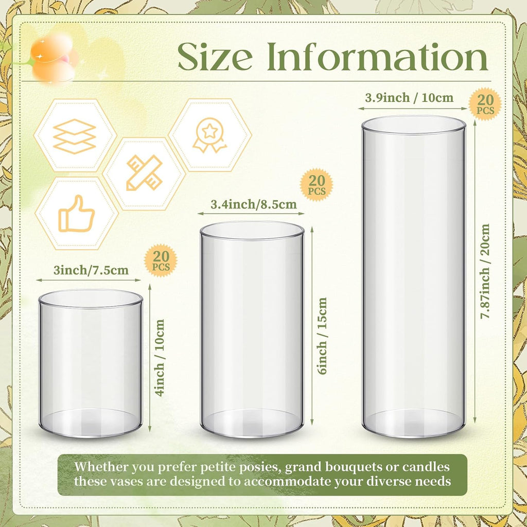 Nuogo 60 Pcs Plastic Cylinder Vases Tall Plastic Flower Vases for Centerpieces Hurricane Candle Holder for Home Wedding Office Party Formal Dinners Decorations (4''/6''/8'')