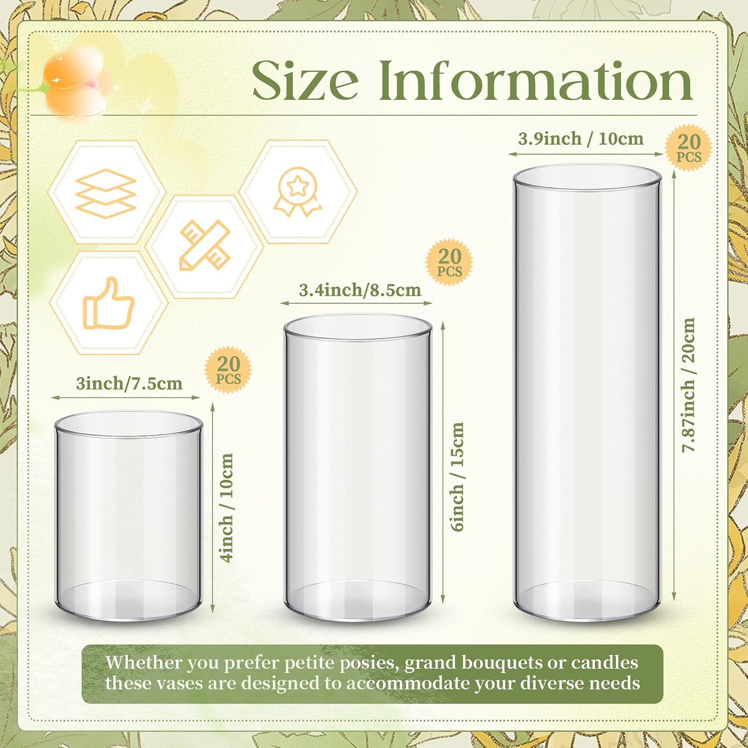 Nuogo 60 Pcs Plastic Cylinder Vases Tall Plastic Flower Vases for Centerpieces Hurricane Candle Holder for Home Wedding Office Party Formal Dinners Decorations (4''/6''/8'')