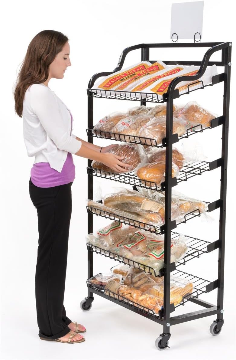 Displays2go Metal Wire Rack Storage Unit with Tilting Shelves, Two Types of Sign Holders, Locking Wheels and Fresh Baked Header, 64 Inch, Black (BAKCRT6NBK)