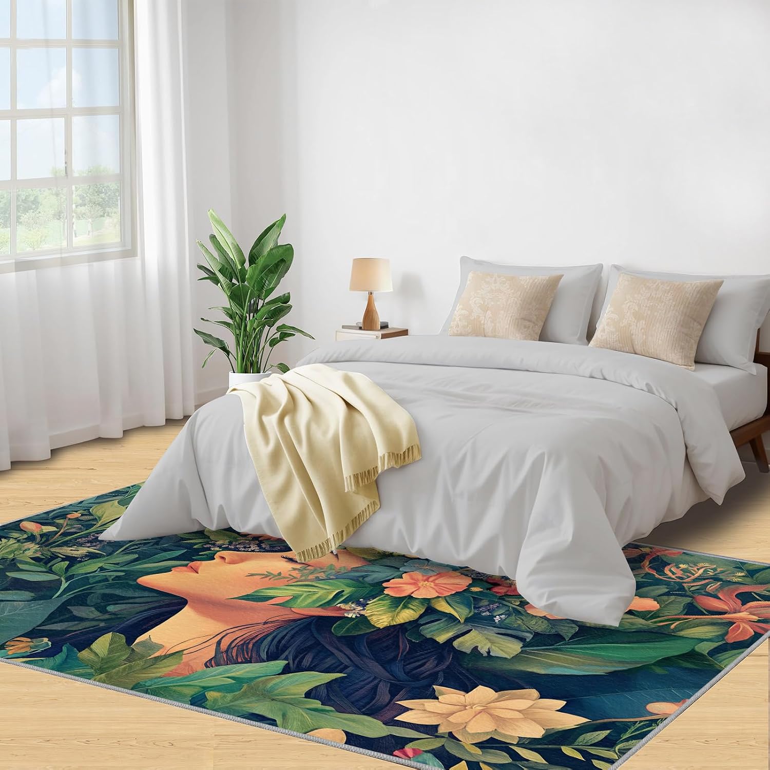 6x8 Florals Garland Woman Area Rug - Flowers Large Rugs for Living Room, Natural Plants Carpet Area Rug for Girls Bedroom Kids Room Basement Office Classroom