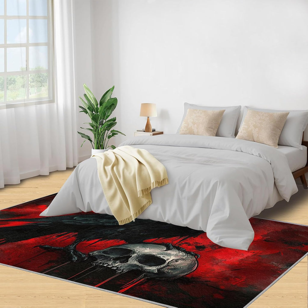 Gothic Skull Crow Rug 6x8-6x8 Rug, Raven Washable Rugs for Living Room, Halloween Carpet, Gothic Non-Slip Area Rugs for Bedroom, Skull Crow Carpet, Halloween Home Decor