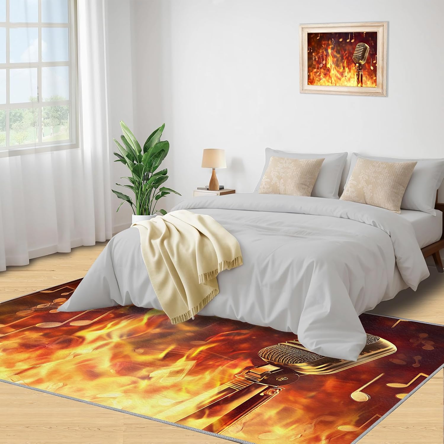 Microphone Rug for Bedroom 6x8 Rug Flame Microphone Rugs, Rock Guitar Home Decor, Non Slip Washable Large Rugs, Music Lover Carpet for Boys and Girls Teen Playroom