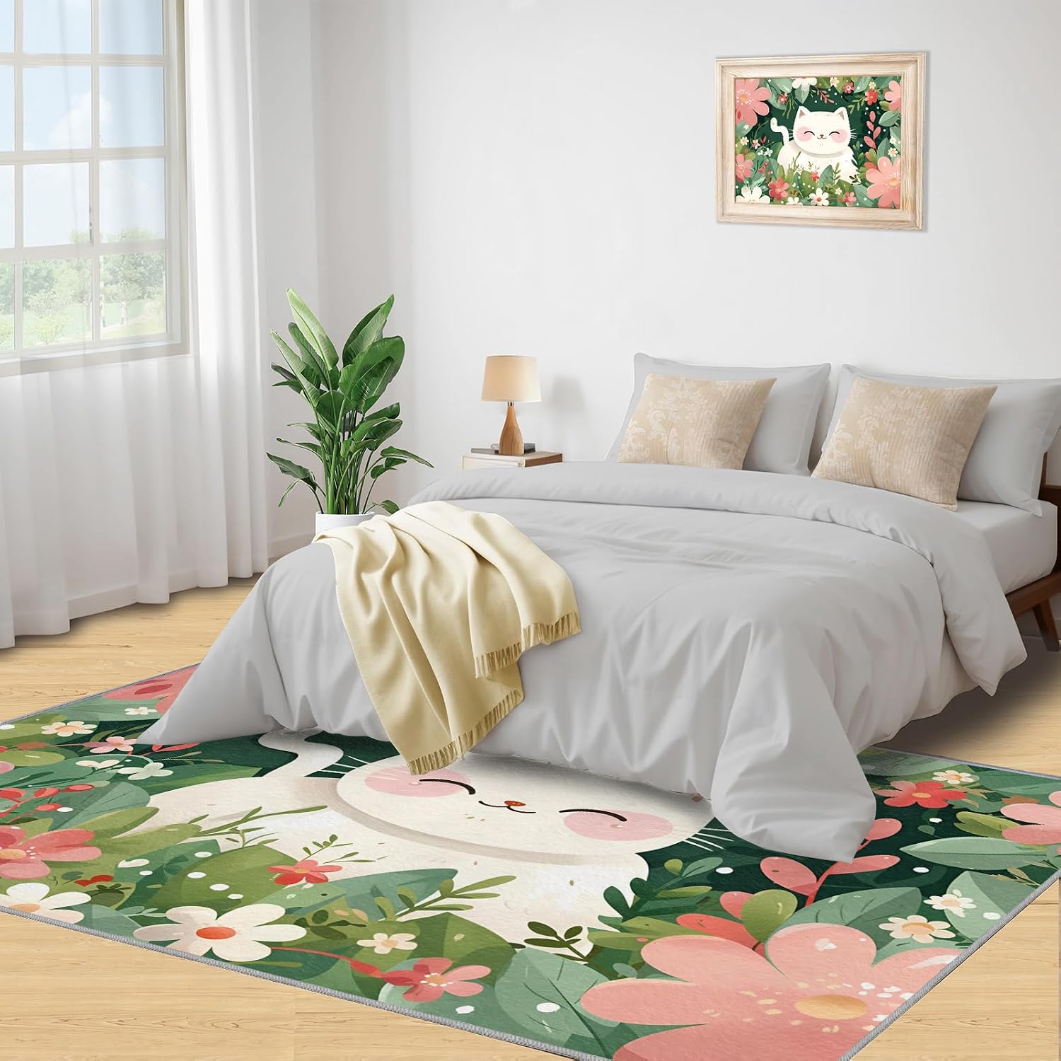 Cat in The Garden Rug for Kids Room - 6x8 Large Rug, Animal Cat Rugs for Bedroom Watercolor Flowers Area Rugs for Living Room Home Decor Washable Rug