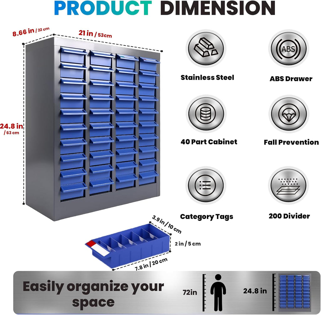 40 Drawers - Part Cabinet, Shelves & Label Stickers - Bolt and Nut Organizer Bolt Bin Cabinets, Durable Steel Tool Storage Cabinet for Garage/Workshop Small Parts/Hardware Organization (40 Drawer)