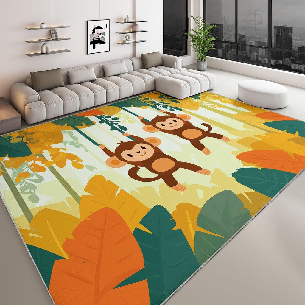Cartoon Plants Leaves Monkey Print Area Rug 5 x 7 ft Washable, Orange Non-Slip Floor Mat - Soft Low-Plie Faux Wool Carpet for Bedroom Living Room Kitchen Entryway Pet Friendly Rug