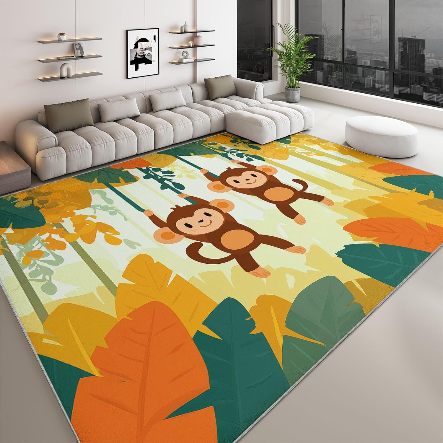 Cartoon Plants Leaves Monkey Print Area Rug 5 x 7 ft Washable, Orange Non-Slip Floor Mat - Soft Low-Plie Faux Wool Carpet for Bedroom Living Room Kitchen Entryway Pet Friendly Rug