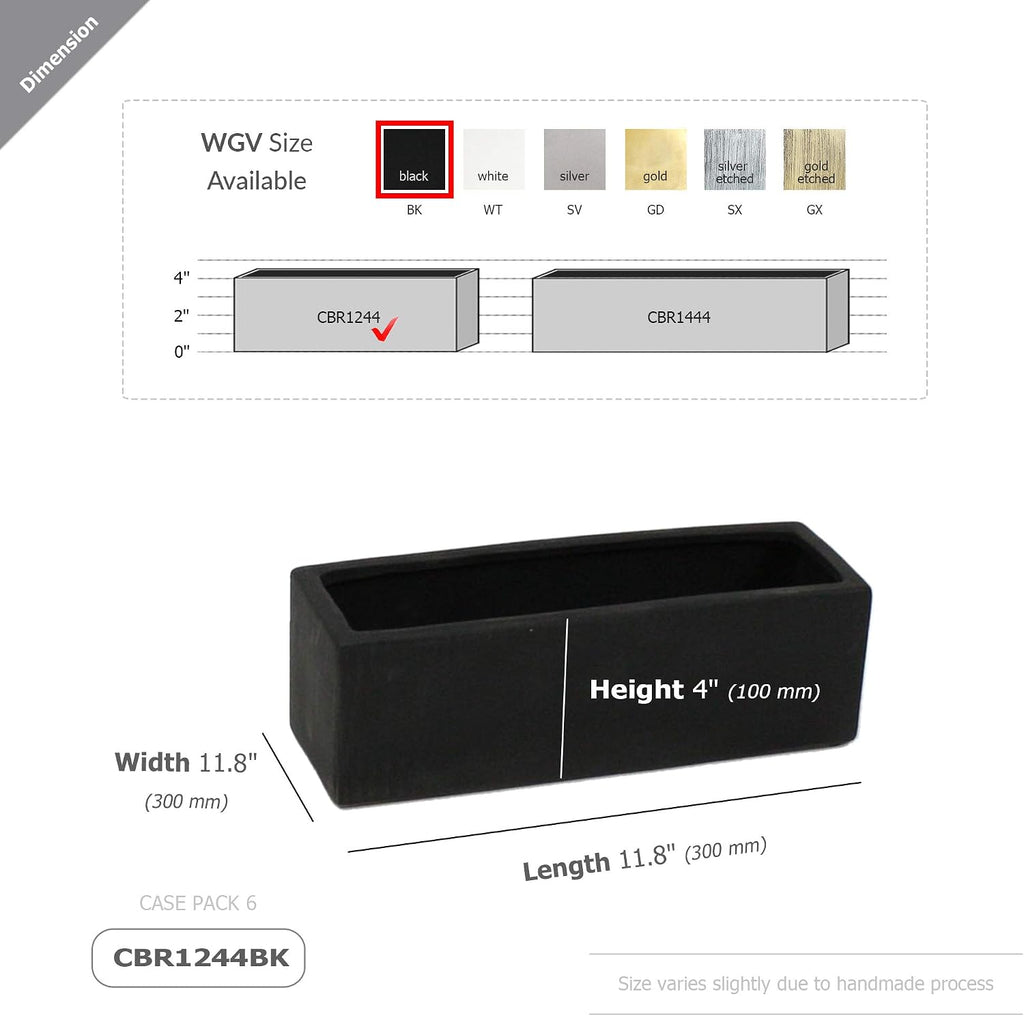 WGVI Long Rectangle Ceramic Planter Vase in Black 12' x 4' x 4'H, Block Rectangular Terrarium Box Pot, Flower Arrangement, Table top Centerpiece, Home Decor Organization Storage Container, 6 Pcs.