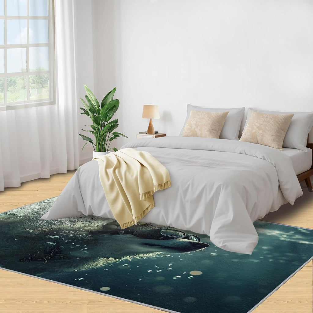 Corgi Rug 6x8, Swimming Dogs Rugs for Living Room, Underwater Dog Rugs for Bedroom, Non Slip Washable Area Rug, Low Pile Carpet for Hardwood Floors