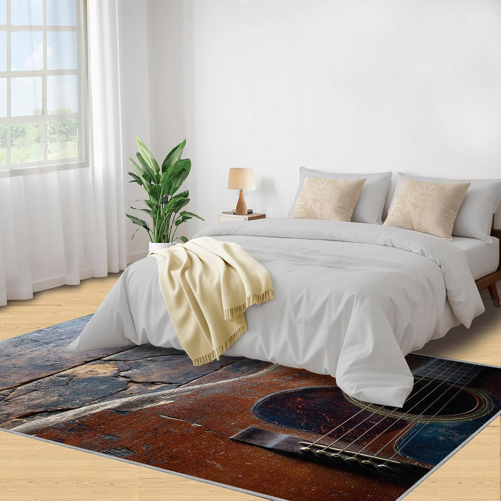 Guitar Rugs for Bedroom Girls, Acoustic Guitar Rug 5x8, Vintage Instrument Living Room Rugs Washable & Non Slip Carpet for Home Decor