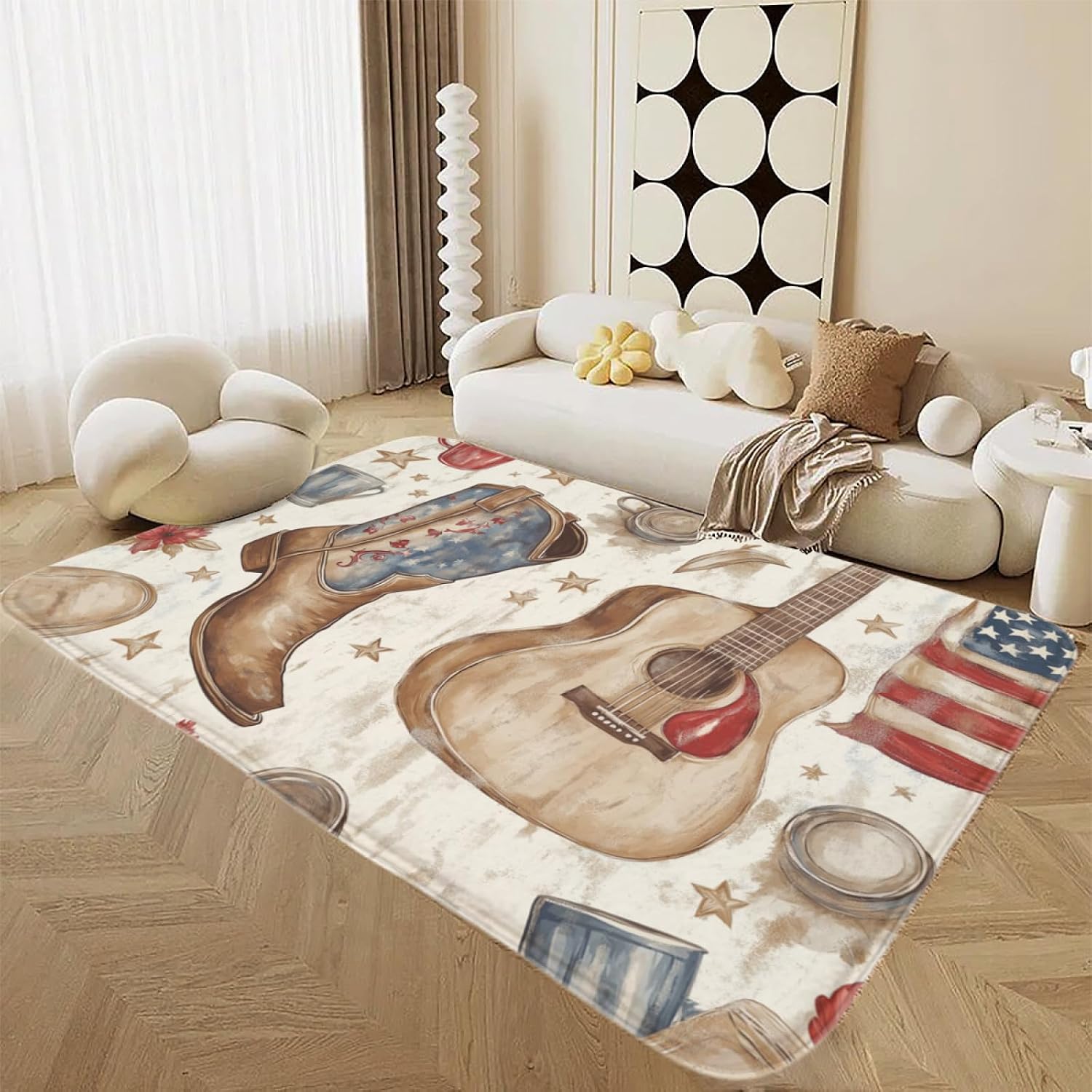 Music Guitar Area Rug 5 ft x 8 ft Exotic Tribal Cowboy Boots Decorative Rug for Kids Teens Adults Musical Notes for Living Room Bedroom Southwest Style Decorative