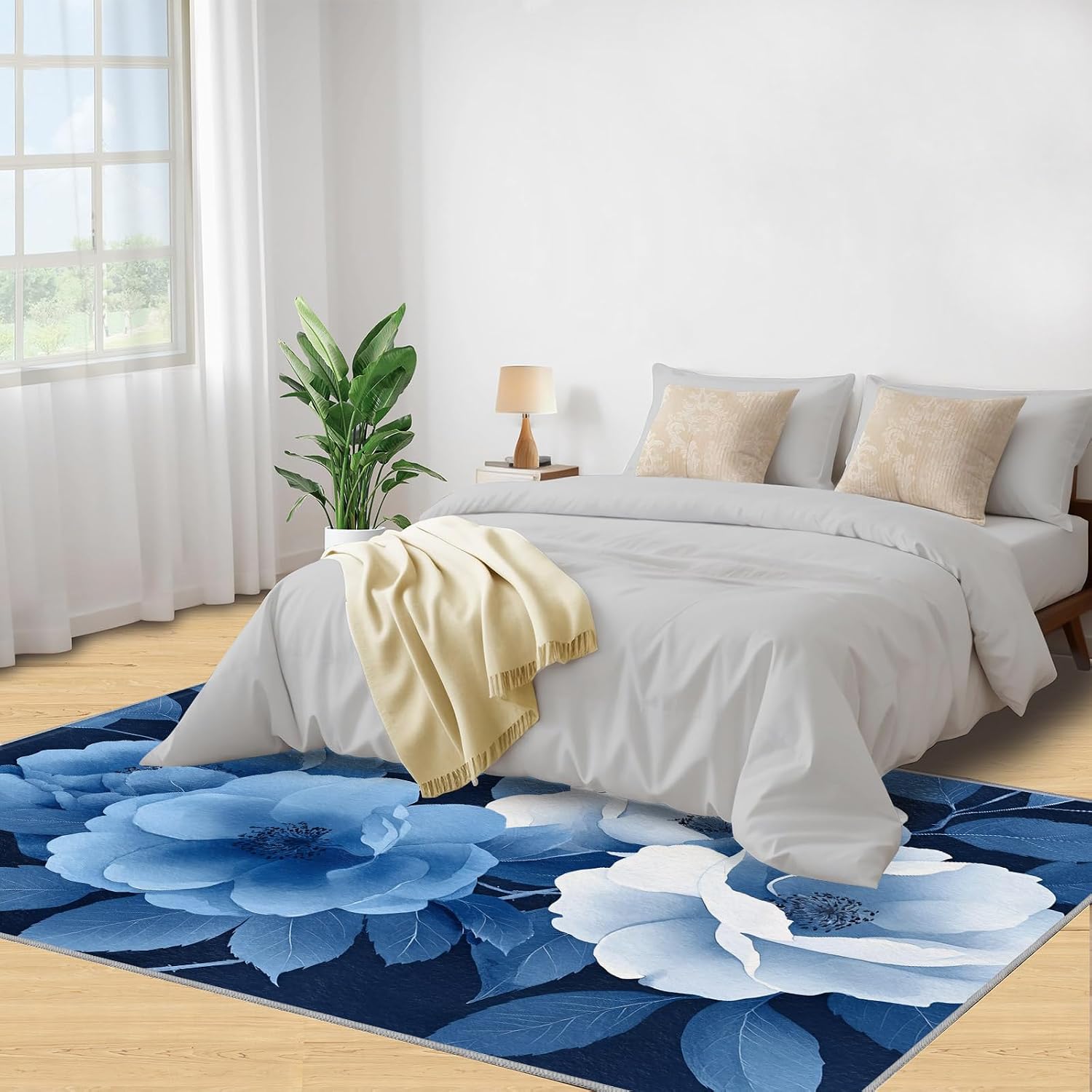 Florals Rugs for Bedroom, Simple Florals Rug 6x8, Blue Flowers Dining Room Rugs Washable & Non Slip Large Carpet for Home Decor