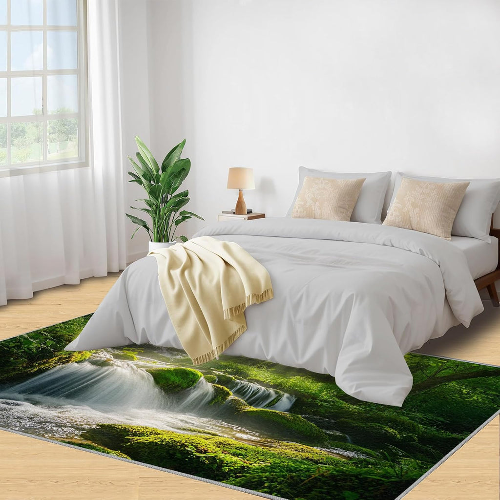 Forest Rug 6x8-6x8 Rug, Waterfall Area Rugs for Bedroom, Green Jungle Rugs for Living Room, Natural Scenery Washable Carpet, Forest Home Decor & Gifts