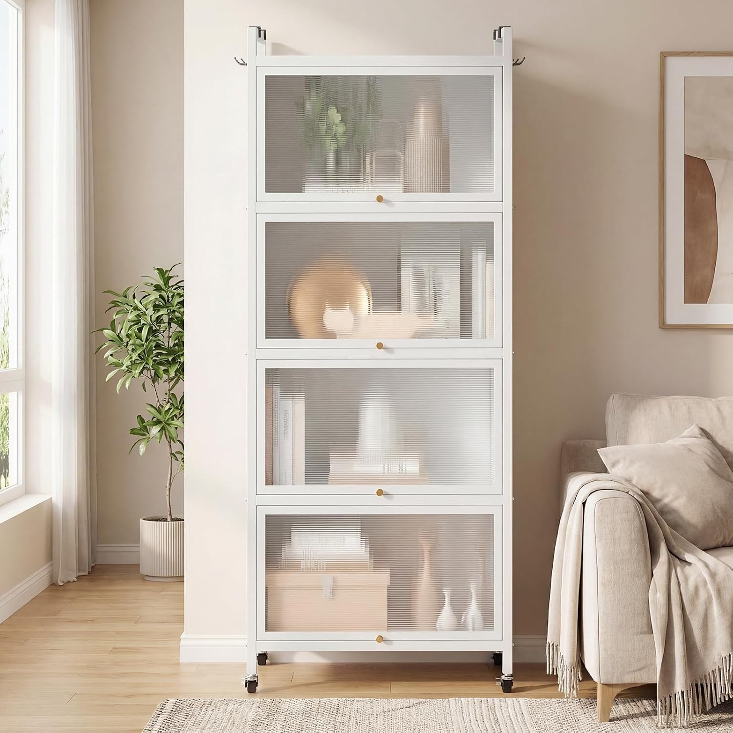 LDAILY 5-Tier Kitchen Storage Cabinet, Mobile Microwave Stand with Metal Frame, Double Anti-toppling Device, 4 Rolling Casters, Freestanding Bakers Rack for Kitchen, Dining Room, Living Room (White)