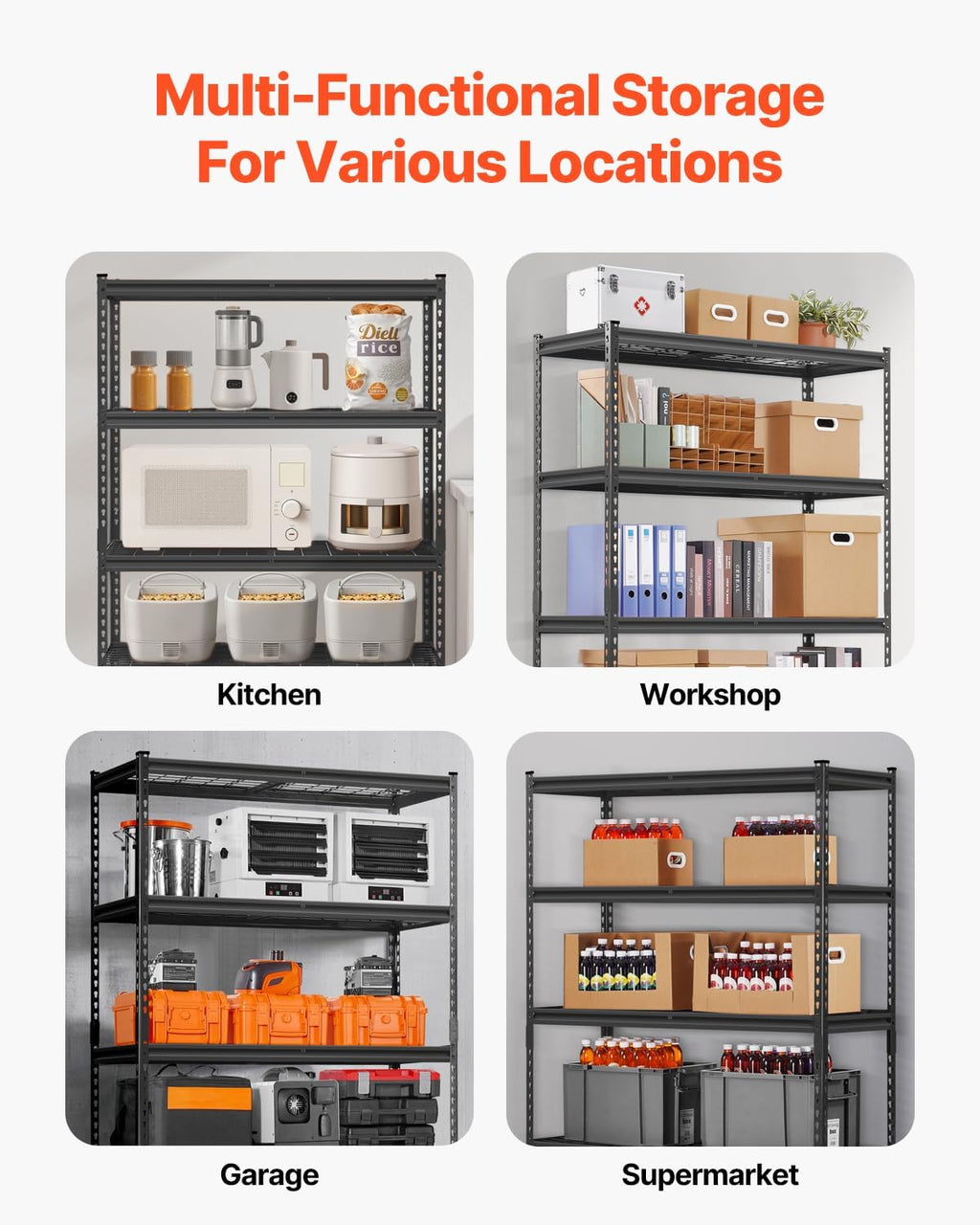 VEVOR Storage Shelves, 2500 lbs, 5 Tier Heavy Duty Garage Shelving, 18' D x 48' W x 72' H Adjustable Metal Shelves for Industrial Shelving Unit Utility Shelf, for Kitchen, Warehouse, Basement, Black