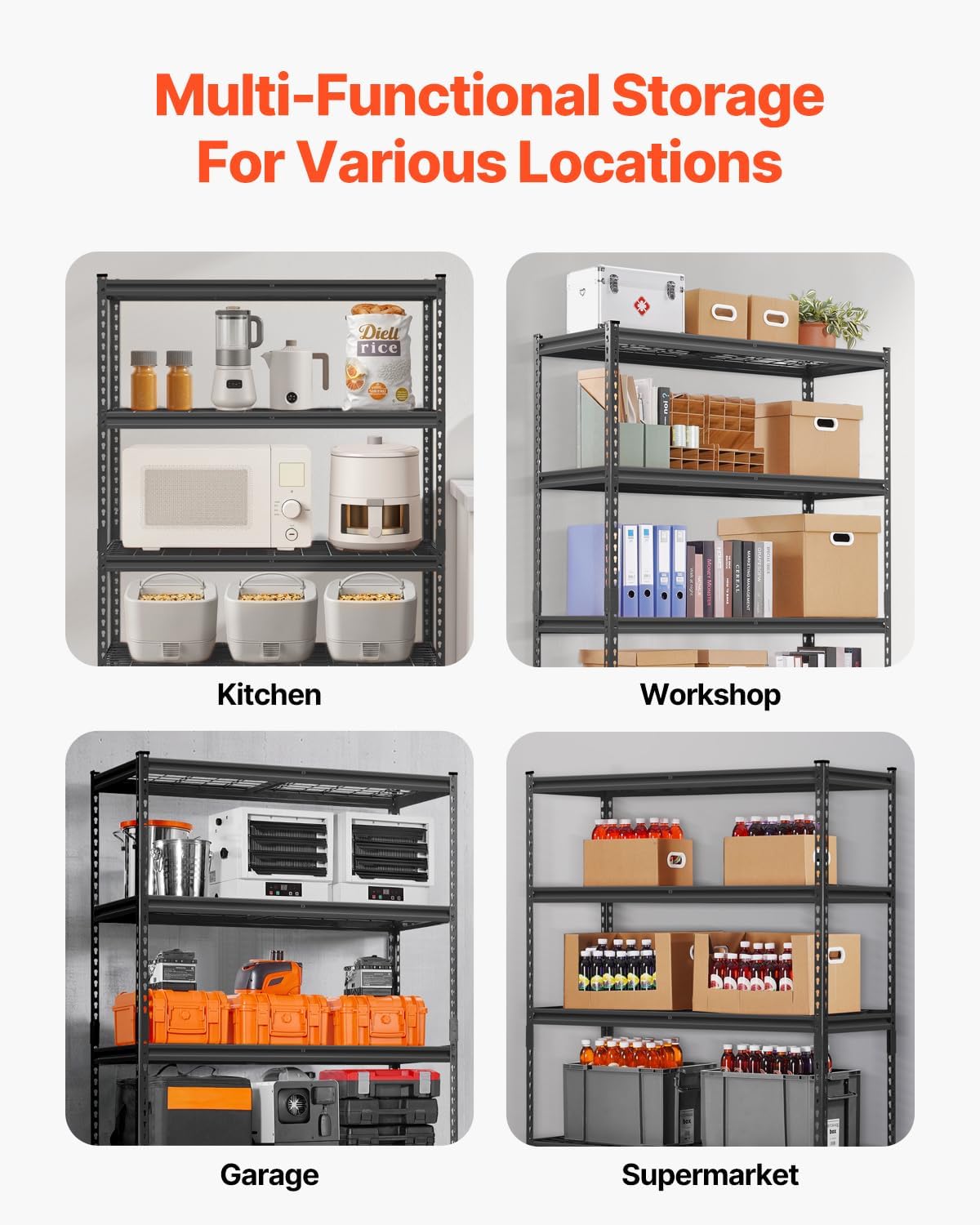 VEVOR Storage Shelves, 2500 lbs, 5 Tier Heavy Duty Garage Shelving, 18' D x 48' W x 72' H Adjustable Metal Shelves for Industrial Shelving Unit Utility Shelf, for Kitchen, Warehouse, Basement, Black
