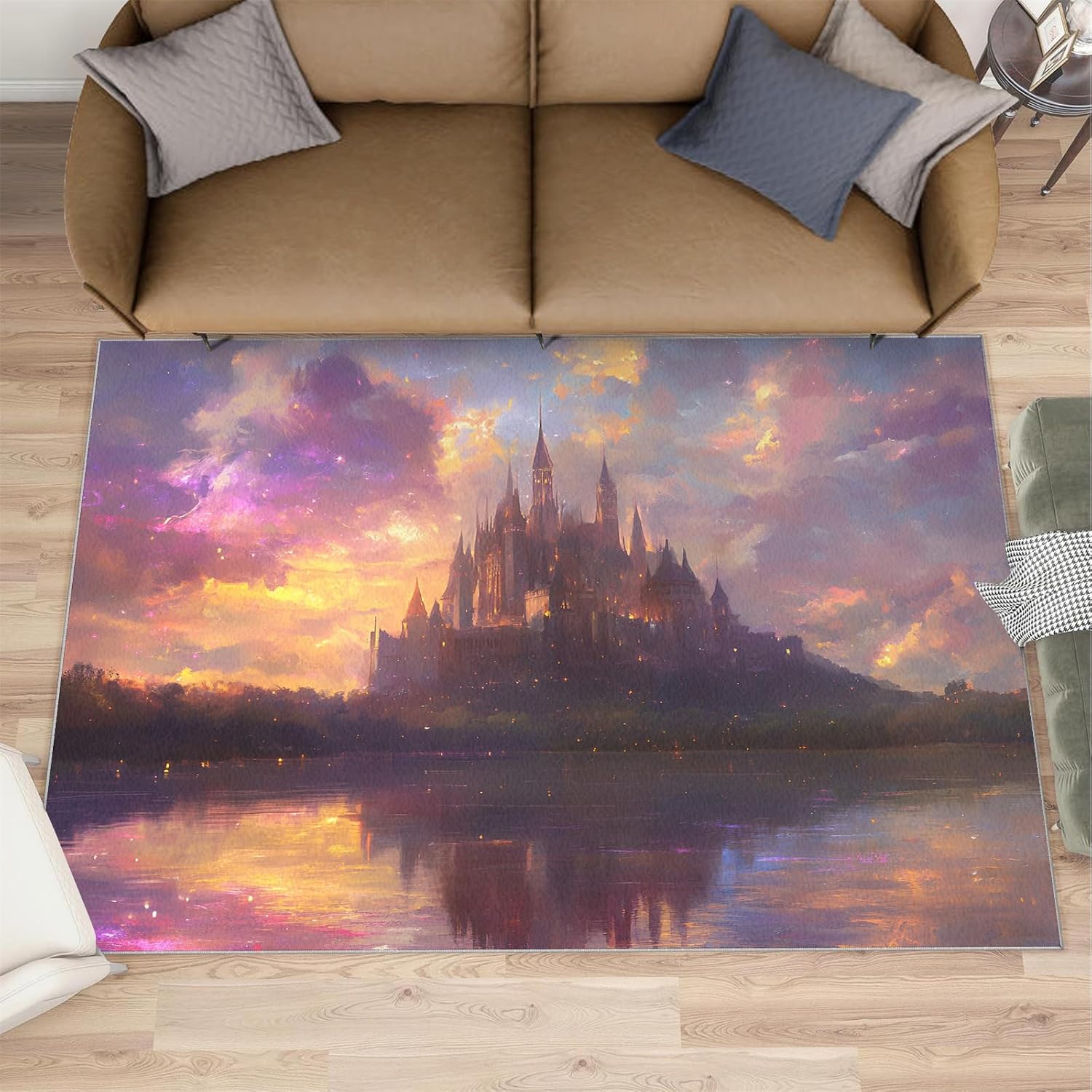 Castle Rugs for Bedroom, Fairy Castle Rug 6x8, Romantic Scenery Dining Room Rugs Washable & Non Slip Large Carpet for Home Decor