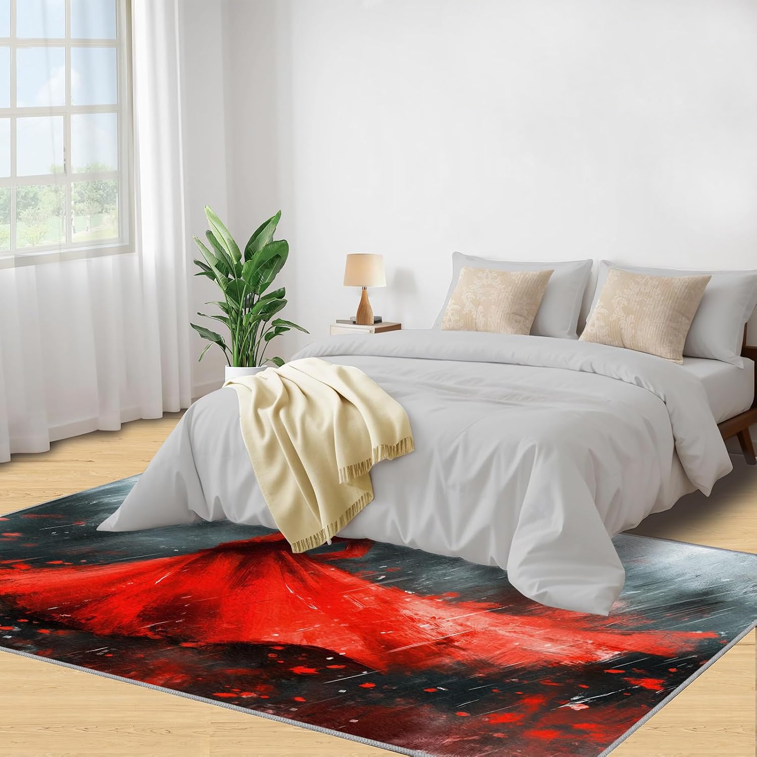 Paris Area Rug Large - 6x8 Rug, Red Dress Girl Rugs for Living Room, Paris Themed Carpet, Romantic Abstract Washable Area Rugs for Bedroom, Aesthetic Carpet, Romantic Home Decor