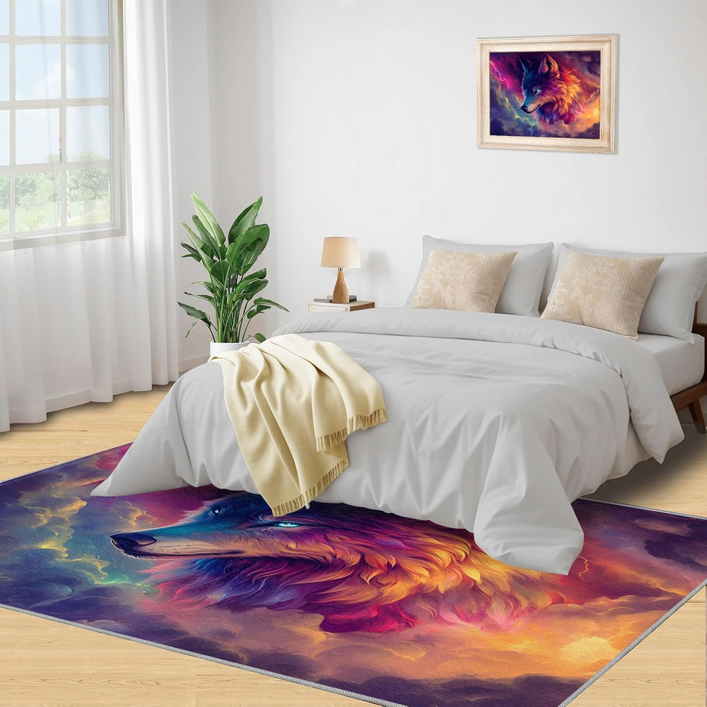 Colorful Wolf Area Rug - Large Rug 6x8 - Lightning Cloud Rugs for Living Room - Soft & Non Slip & Washable Rugs for Bedroom, Fantasy Animal Carpets for Dining Room Lounge Girls Room