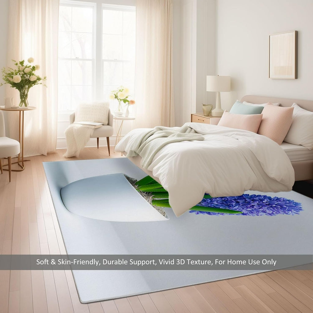 Modern Low-Pile Washable Area Rug 5 x 7 ft, Bedroom Non-Slip Carpet Non-Shedding Living Room Rugs Plants Floral Blue Hyacinth Floor Carpet for Kids Nursery Room Office Dining Room