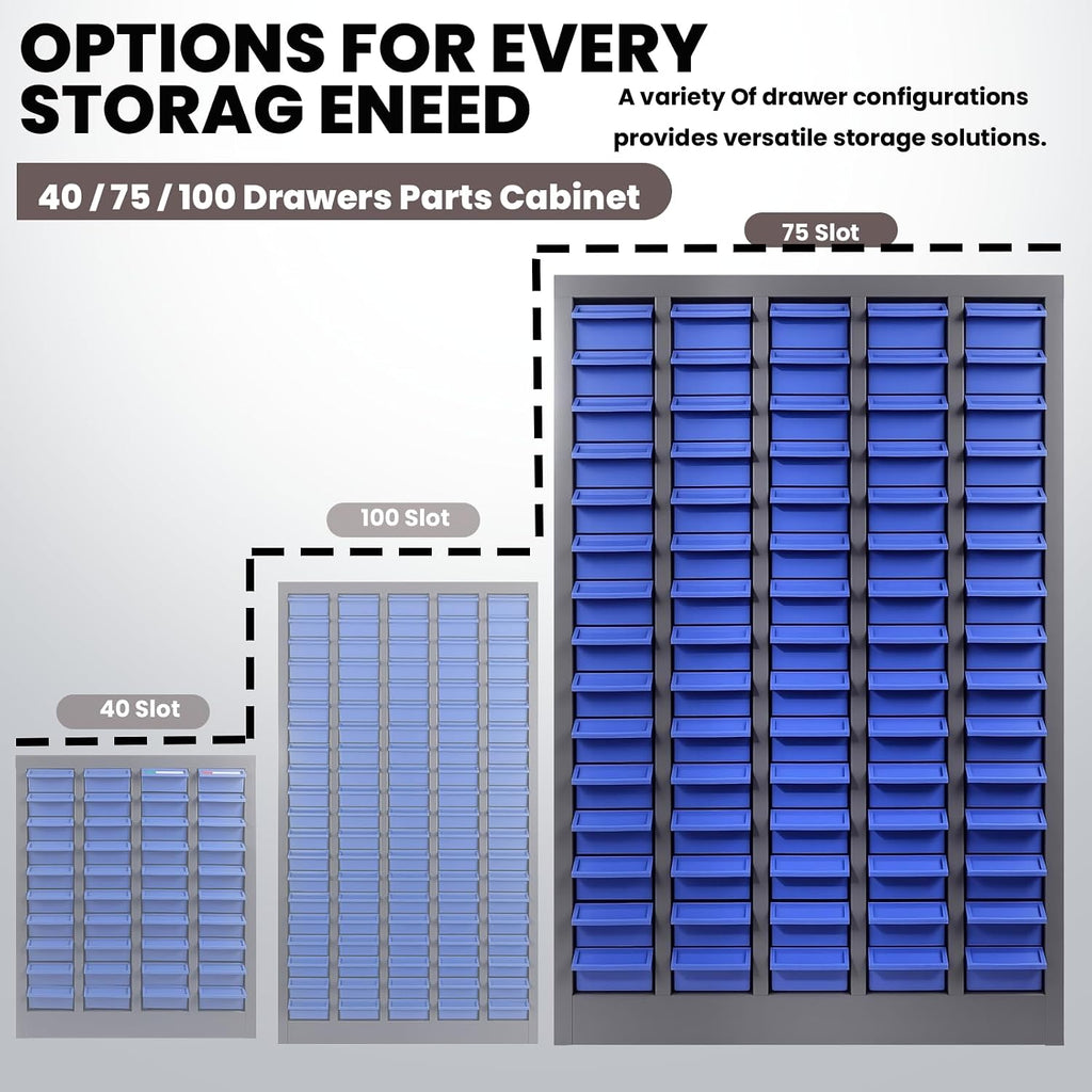 Vohala 75 Drawer Nut and Bolt Organizer, Industrial Parts Cabinet with 375 Adjustable Dividers & 150 Label Slots, Rust-Resistant Alloy Steel Frame, ABS Drawers for Workshop Garage Warehouse