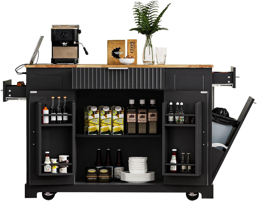 Modern Kitchen Storage Island with Trash Can Cabinet & Power Outlet, Rolling Kitchen Island Cart on Wheels with Open Side Shelves and Towel Rack, 53-Inch, Black