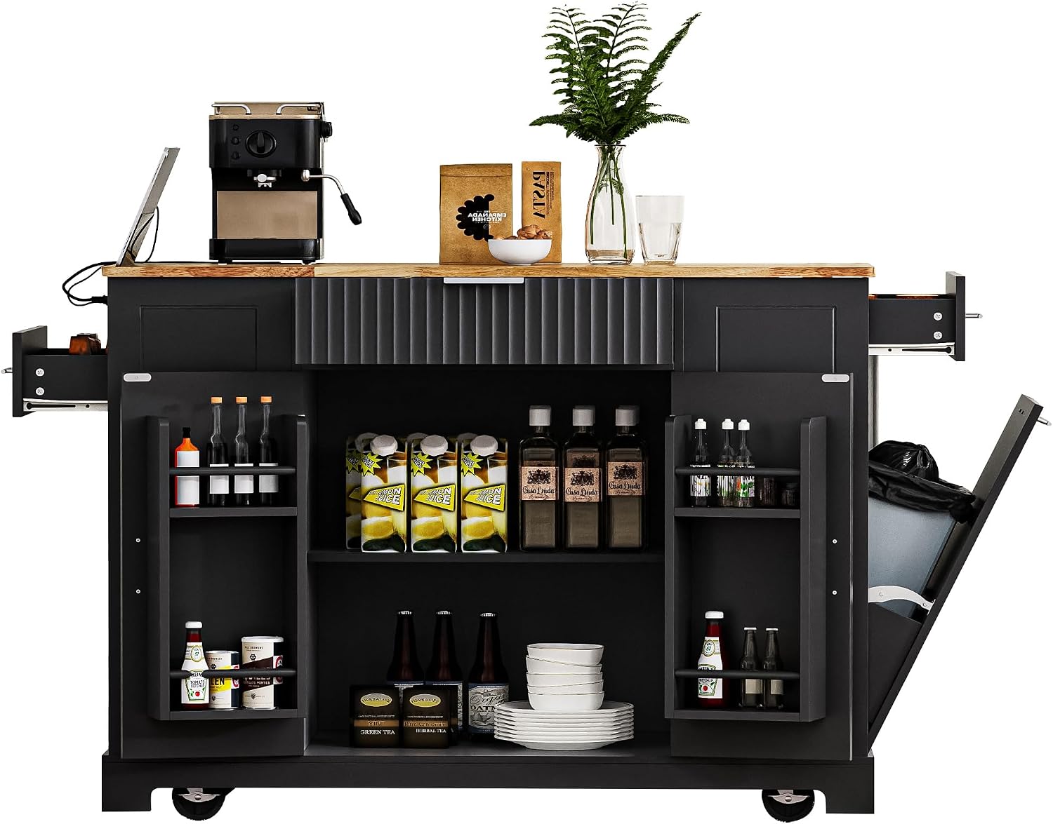 Modern Kitchen Storage Island with Trash Can Cabinet & Power Outlet, Rolling Kitchen Island Cart on Wheels with Open Side Shelves and Towel Rack, 53-Inch, Black