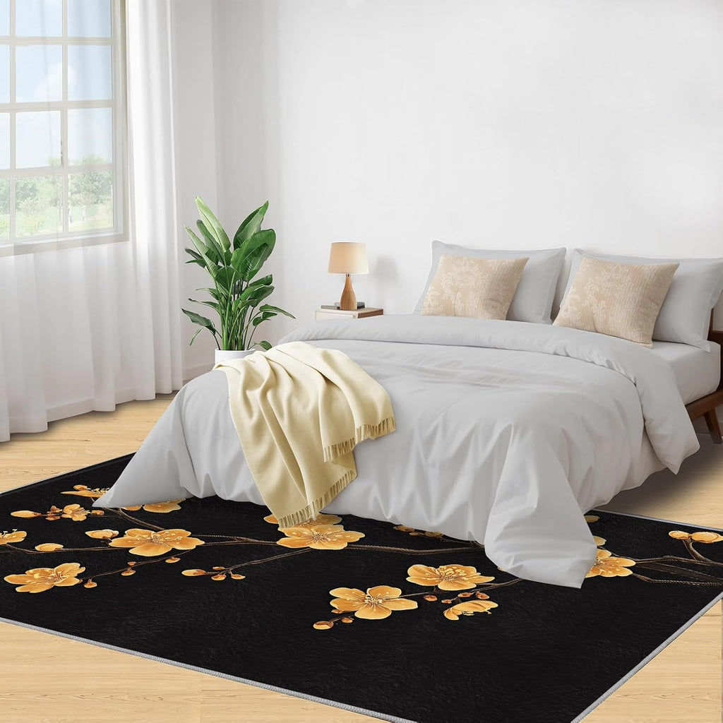Golden Flowers Rug 6x8, Luxury Flowers Rugs for Living Room, Oriental Art Area Rug, Non Slip Washable Rugs for Bedroom Kitchen Dining Room Decor Carpet