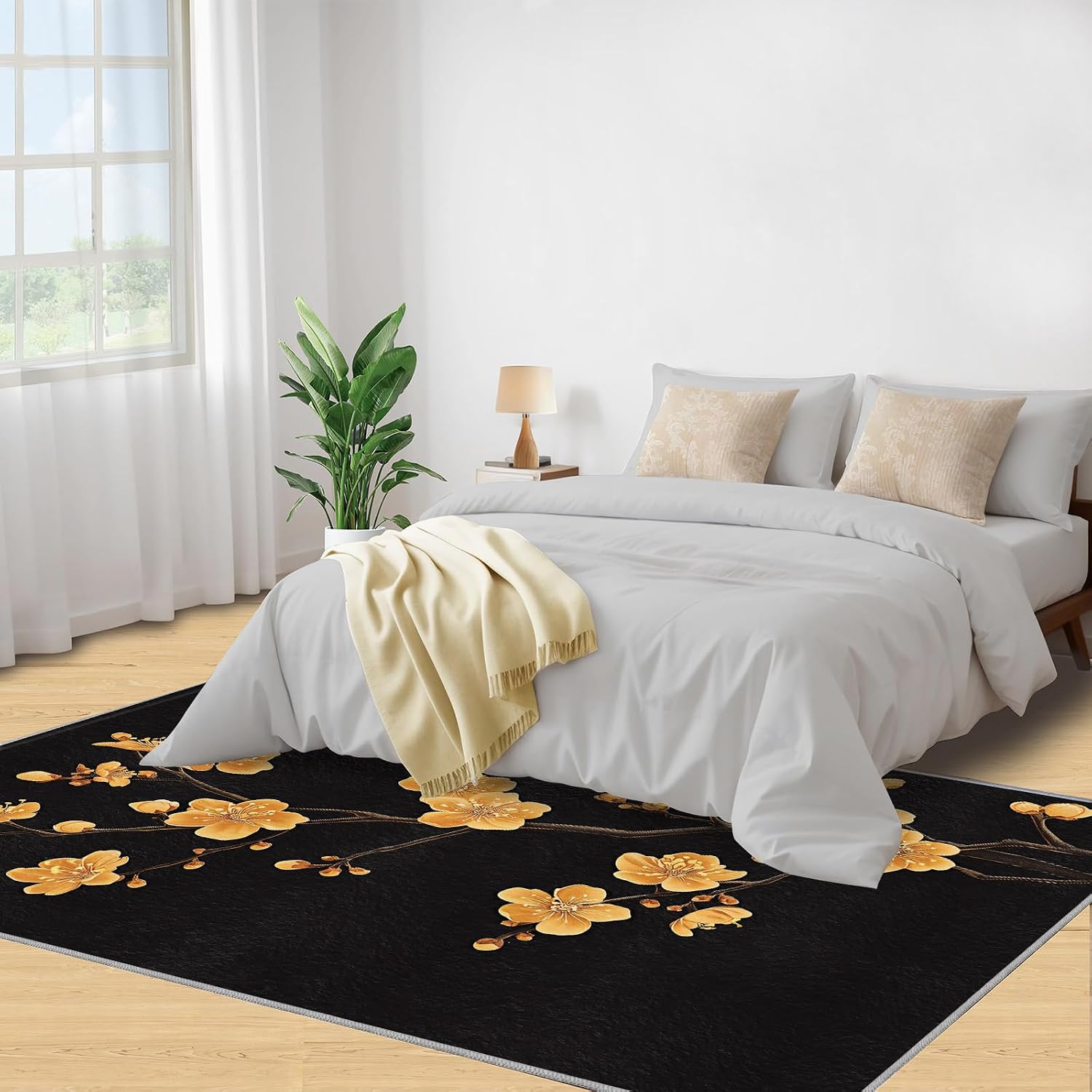Golden Flowers Rug 6x8, Luxury Flowers Rugs for Living Room, Oriental Art Area Rug, Non Slip Washable Rugs for Bedroom Kitchen Dining Room Decor Carpet