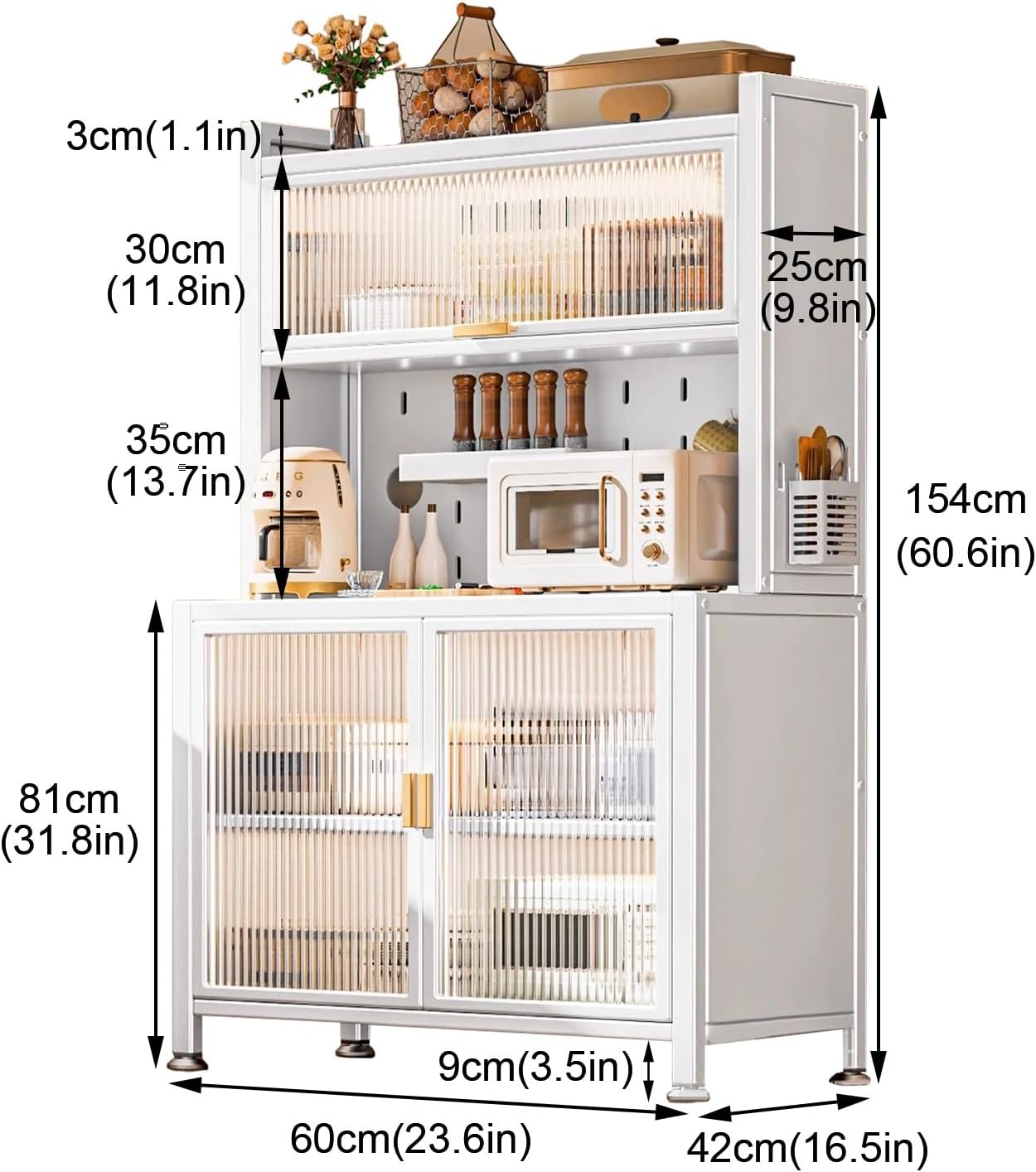Baker Rack Kitchen with Hutch, Large Bakers Rack with Storage, 5-Tier Microwave Oven Stand, Expanded Space, Large Storage Capacity(White,60cm)