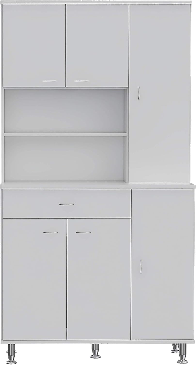 66' High-Capacity Freestanding Storage Cabinet, Kitchen Storage Bakers Rack with Multi-Shelves, Utility Food Cupboard with Drawer for Home Kitchen Areas, White