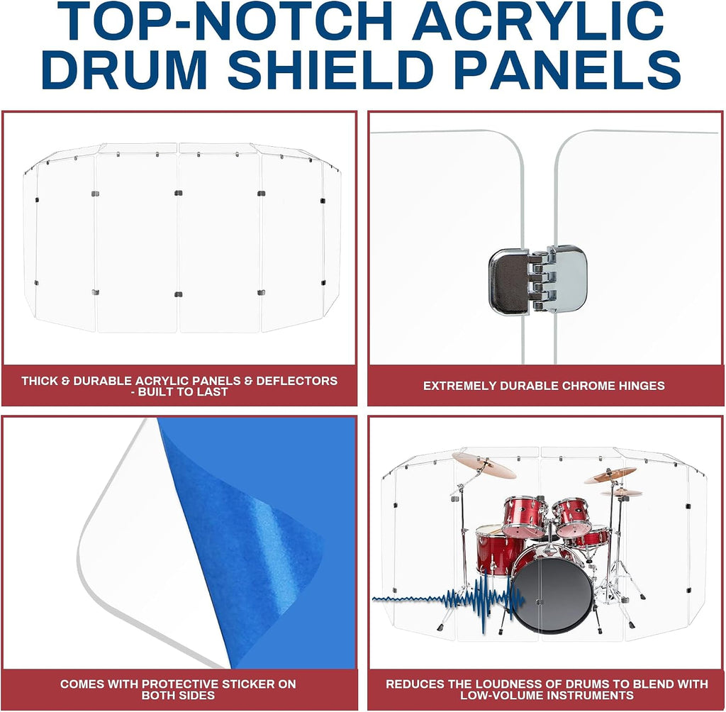 PENNZONI Drum Shield 4ft w/Deflectors & Chrome Hinges, Comes w/ 6 Drum Panels, 6 Deflectors, Chrome Hinges & Deflectors Connectors, Premium Clear Acrylic Panels