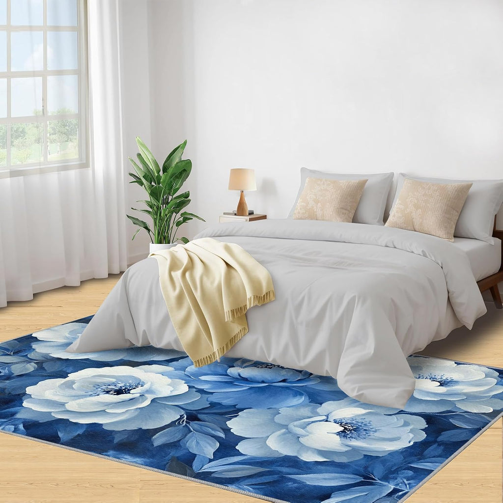 6x8 Blue-Florals Classroom Rugs - Peony Playroom Rug, Natural Flowers Carpet Area Rug for Girls Bedroom Kids Room Basement Office Classroom