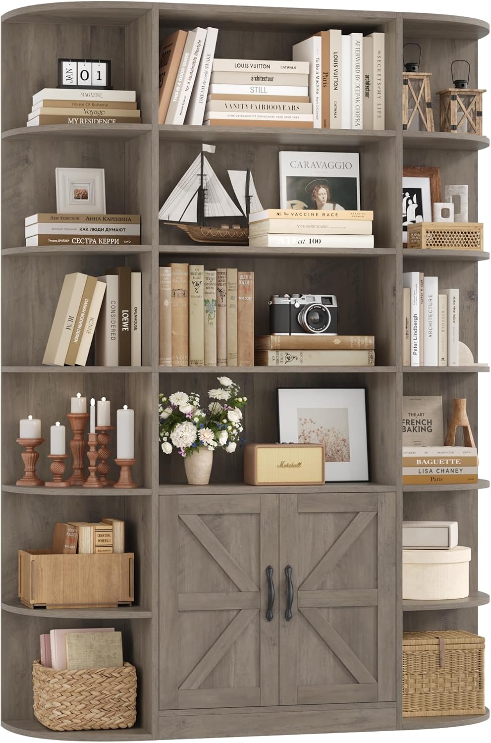 HOSTACK 75' Tall Book Shelf and Bookcase, 6 Tier Bookshelf with Storage, 47' Wide Bookcase with Door, Freestanding Wood Display Shelves with Book Storage Cabinet for Home Office, Living Room, Ash Grey