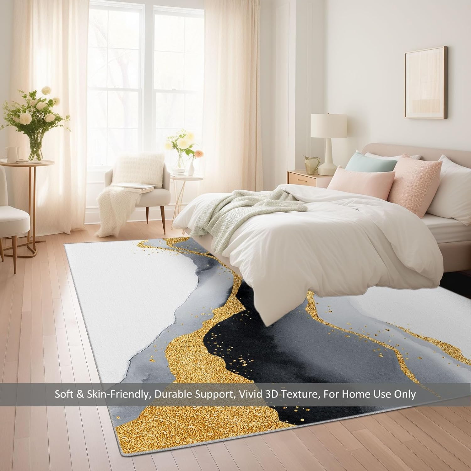 Minimalism Washable Area Rug 5 x 7 ft for Living Room Bedroom, Watercolor Waves Marble Printed Low Pile Rug - Non Slip Carpets for Office Kids Room Stain Resistant Dining Room Carpet