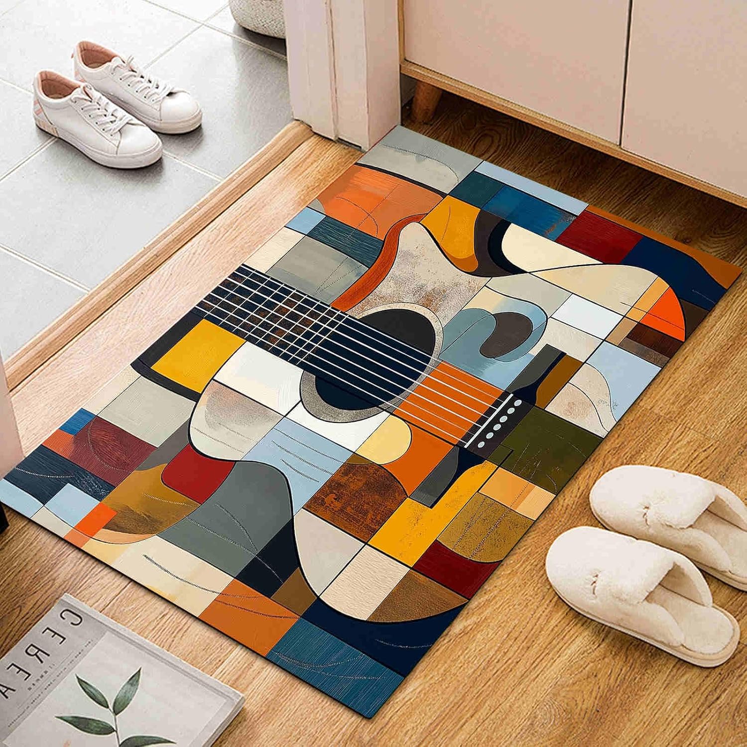 Color - Blocked Guitar Design 5x7 Area Rugs Washable Geometric Division Patterns Kids Rug for Bedroom Home Decor Carpet Teal Blue Rugs Indoor Non-Slip Low Pile Rug