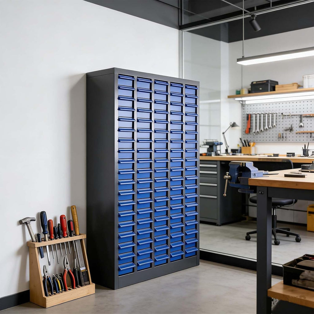 100 Drawers Nut and Bolt Organizer Cabinet, 26' L x 9' W x 46' H Alloy Steel Parts Cabinet, Durable Metal Bolt Bins, Heavy Duty Hardware Storage with ABS Drawers for Workshop, Garage & Industrial Use