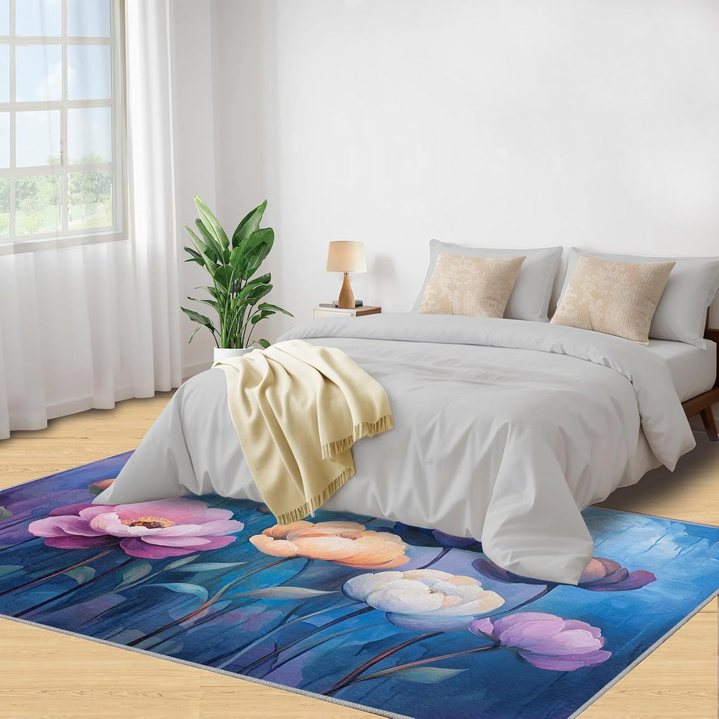 Flowers Rug, Watercolor Flower Rugs for Bedroom 6x8 Rug, Plant Floral Area Rug, Rugs for Living Room, Non Slip Washable Carpet for Kids Room Home Decor