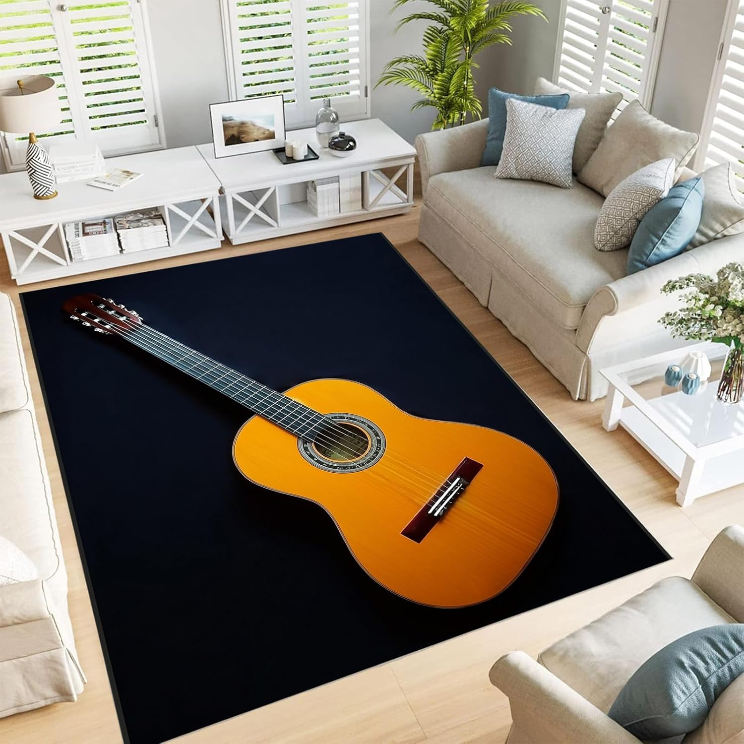 Living Room Rug 5'3' x 7'6' Orange Color Area Rug Machine Washable Musical Theme Carpet Non Slip Acoustic Guitar Indoor Large Rugs for Bedroom,Classroom,College Dorm,Farmhouse,Kids Playroom