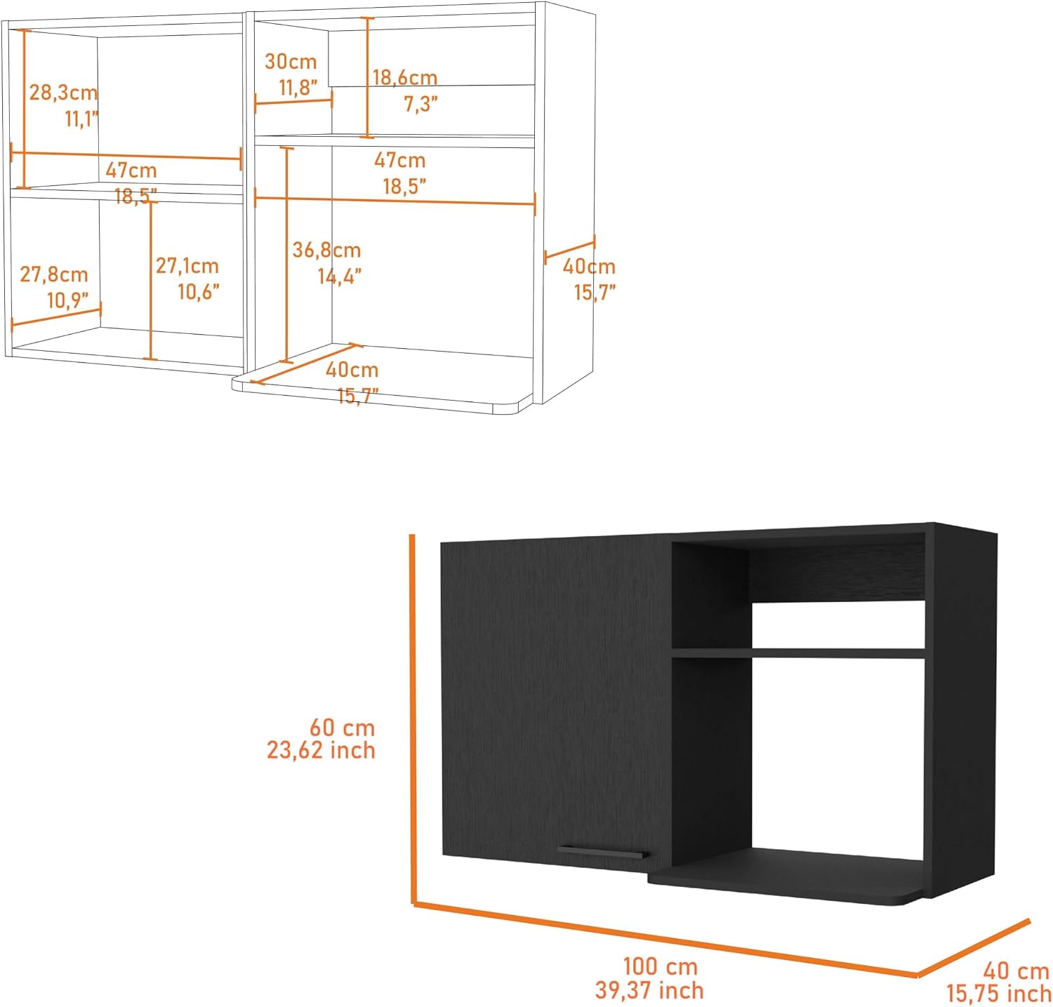 40' Single Door Freestanding Storage Cabinet, Kitchen Storage Bakers Rack with Side Shelves, Utility Food Cupboard with Metal Handles for Kitchen Storage, Wenge
