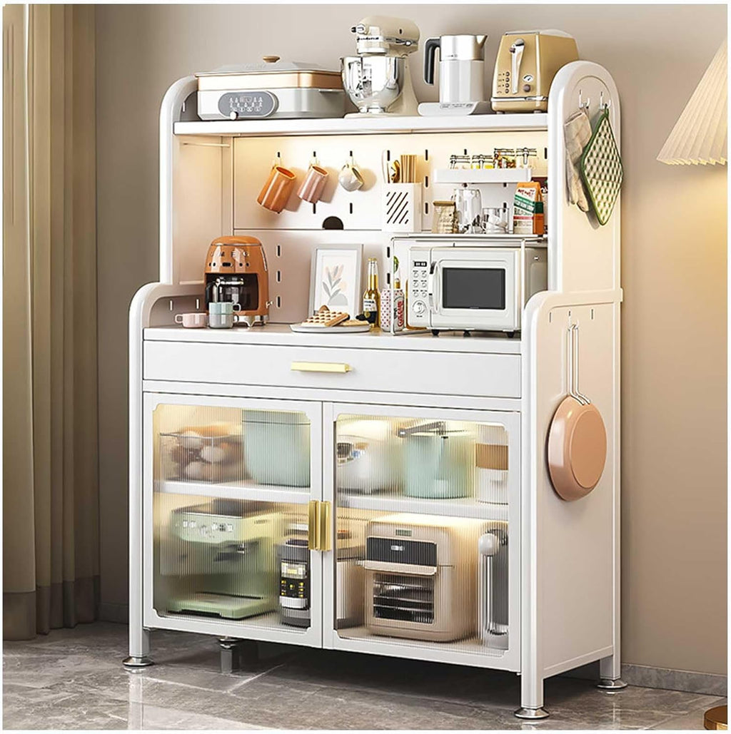 Adjustable 5 Tier Kitchen Bakers Rack with Drawer and Storage Cabinets Free Standing Microwave Stand Shelf Organizer in White 58x31.5in