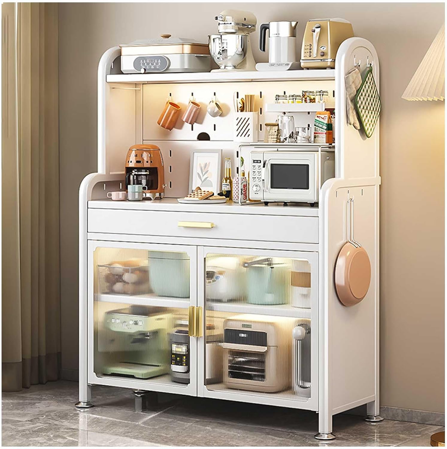 Adjustable 5 Tier Kitchen Bakers Rack with Drawer and Storage Cabinets Free Standing Microwave Stand Shelf Organizer in White 58x31.5in