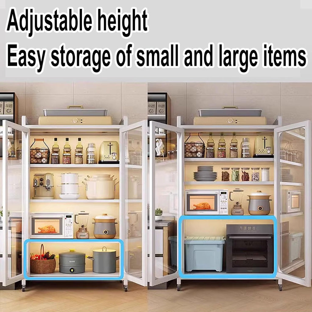 Microwave Cabinet with Storage 5-Tier Made of Carbon Steel Baker's Rack with Rolling Wheels and 6 Hooks Kitchen Shelves Freestanding for Spices(60 * 45 * 156CM)