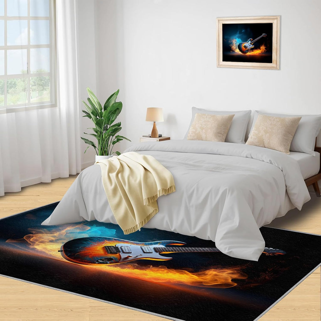 Guitar Rugs for Music Room - Music Rug, 6x8 Rug, Boys Musical Washable Rugs for Living Room Bedroom, Burning Area Rug, Rock and Roll Carpet - Home Decor, Electric Guitars Gifts for Men